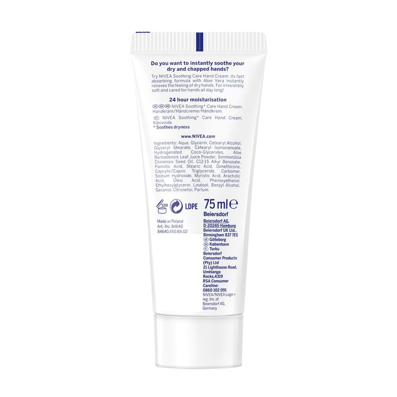 NIVEA Soothing Care Aloe Vera Hand Cream (75ml), 24H Moisturising Hand Cream for Dry Cracked Hands, Non-Greasy, Fast-Absorbing Formula Soothes Skin
