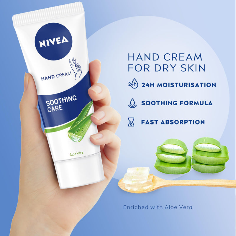 NIVEA Soothing Care Aloe Vera Hand Cream (75ml), 24H Moisturising Hand Cream for Dry Cracked Hands, Non-Greasy, Fast-Absorbing Formula Soothes Skin