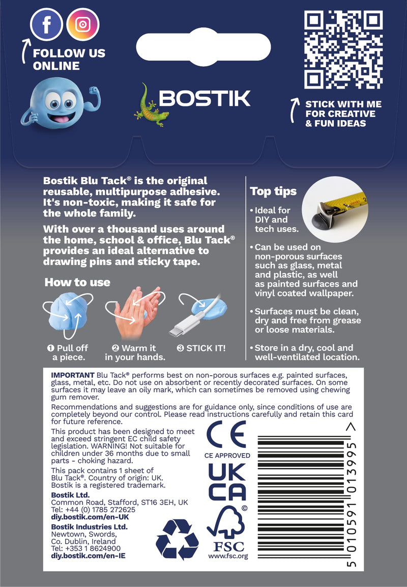 Bostik Blu Tack Blue - Handy Size - Multipurpose Reusable Adhesive - Clean - Safe & Easy to Use - Non-Toxic